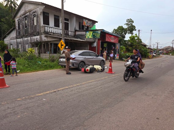 ร.ต.อ.มูฮะหมาด หมาดวัง รอง สว.สอบสวน สภ.มายอ พร้อมพลขับ 30 ร่วม ชป.จร และ ชป.20 ว.4 ตรวจที่เกิดเหตุ ว.40 บริเวณหน้าร้าแก๊สแบเซ็ง เส้นทาง มายอ-ทุ่งยางแดง